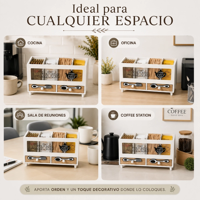 CAJA DE TE 4 DIVISIONES CON CAJONES ESTACION DE CAFE  OFICINA - 6