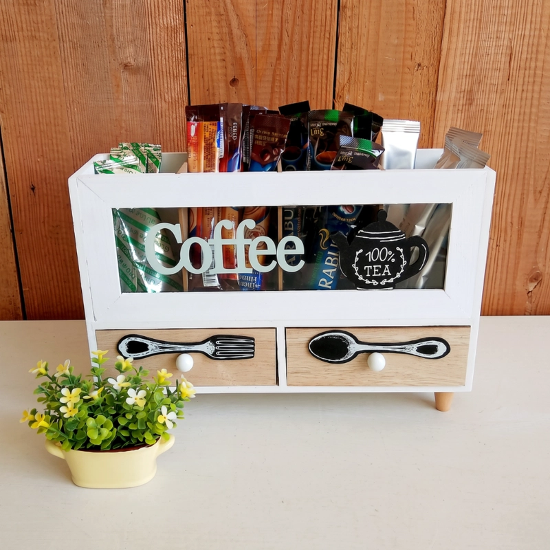 CAJA DE TE 4 DIVISIONES CON CAJONES ESTACION DE CAFE  OFICINA - 7