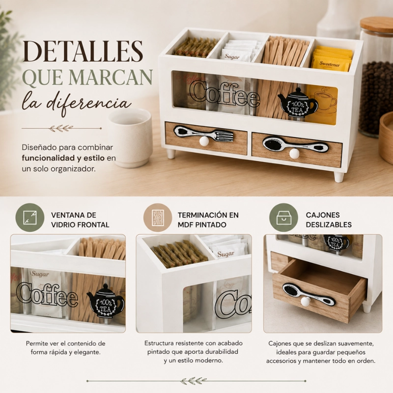 CAJA DE TE 4 DIVISIONES CON CAJONES ESTACION DE CAFE  OFICINA - 9