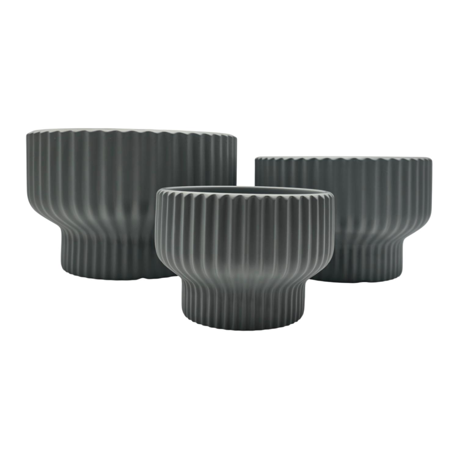 SET 3 MACETEROS MACETA DE CERAMICA ESTILO COPON GRIS MATE - 2