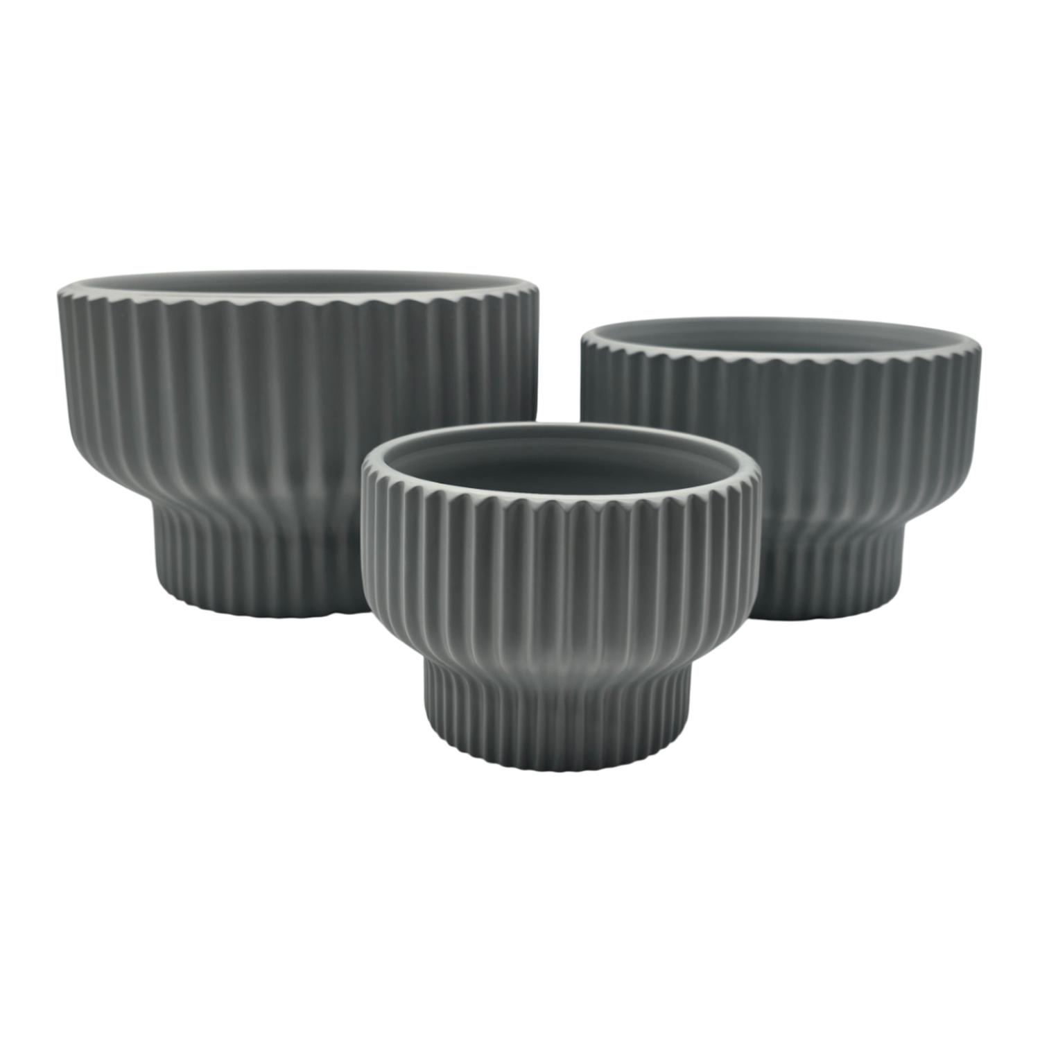 SET 3 MACETEROS MACETA DE CERAMICA ESTILO COPON GRIS MATE - 3