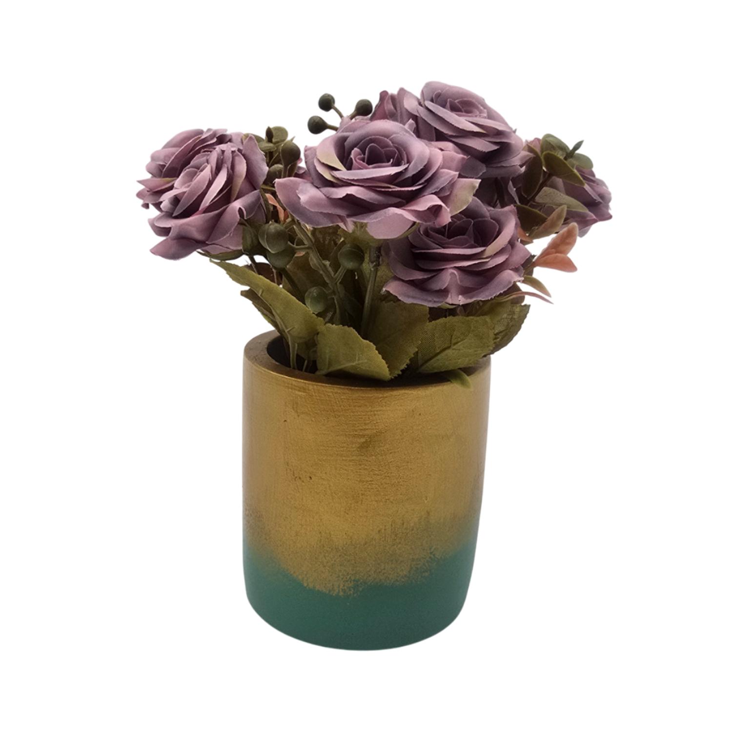 PLANTA ARTIFICIAL MACETERO DORADO CON ROSAS DECORATIVAS - 1