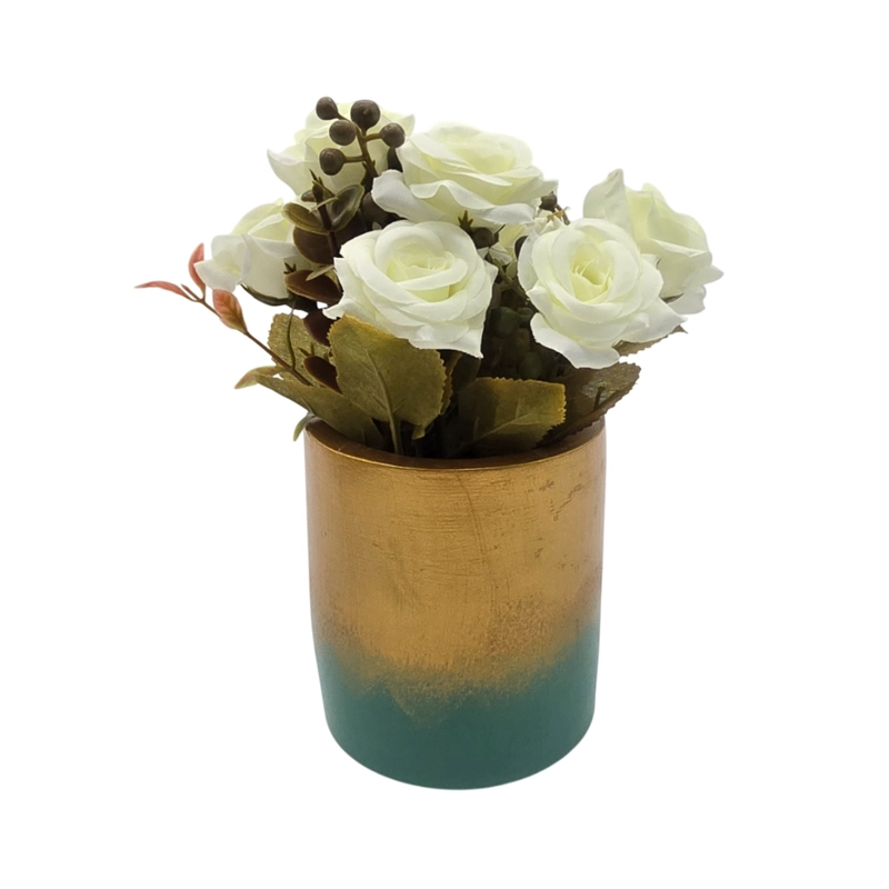 PLANTA ARTIFICIAL MACETERO DORADO CON ROSAS DECORATIVAS - 1