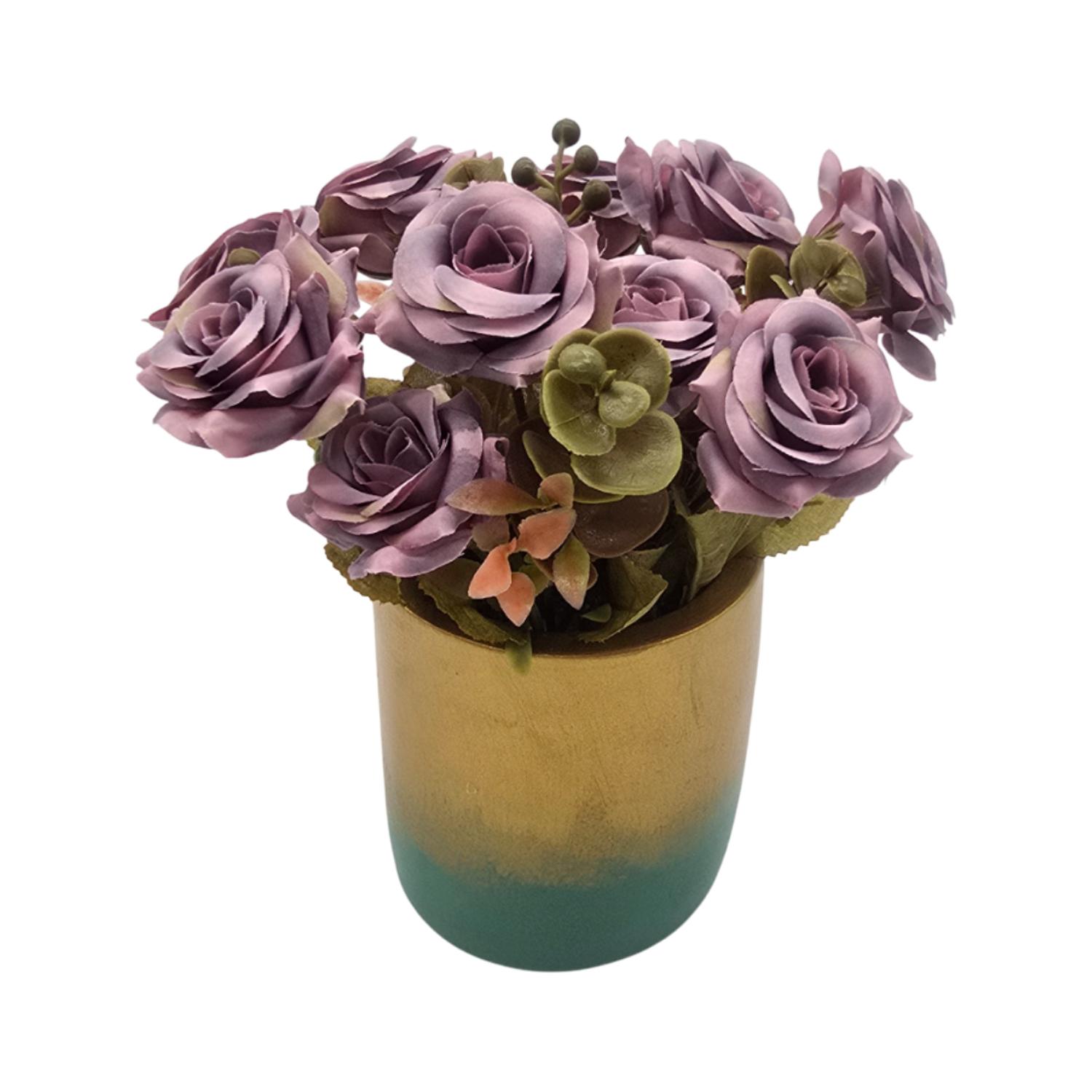 PLANTA ARTIFICIAL MACETERO DORADO CON ROSAS DECORATIVAS - 2