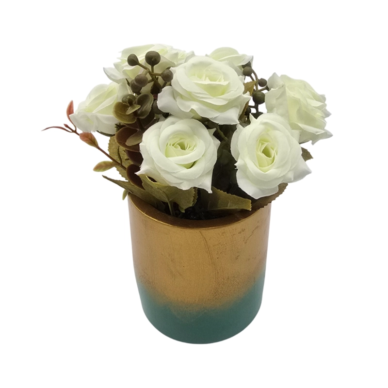 PLANTA ARTIFICIAL MACETERO DORADO CON ROSAS DECORATIVAS - 2