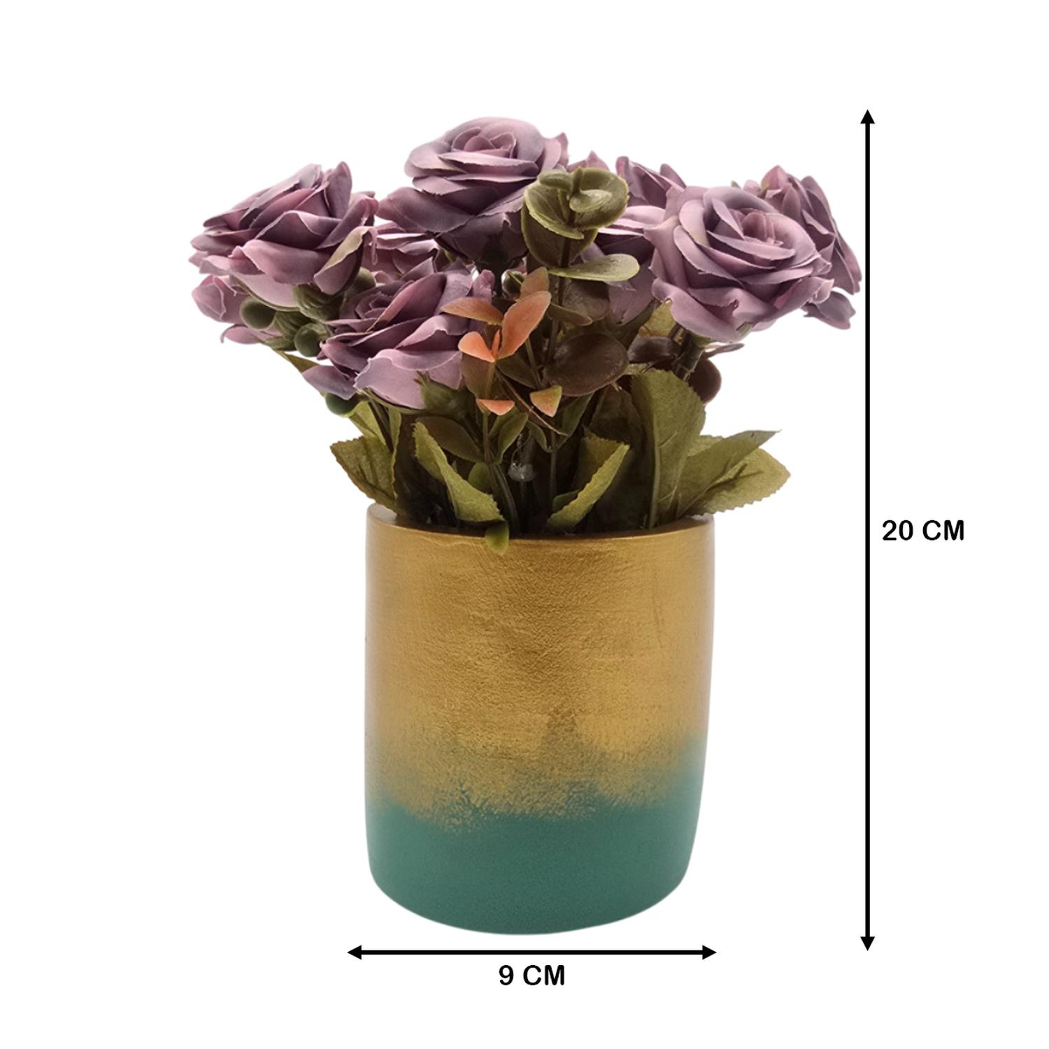 PLANTA ARTIFICIAL MACETERO DORADO CON ROSAS DECORATIVAS - 3