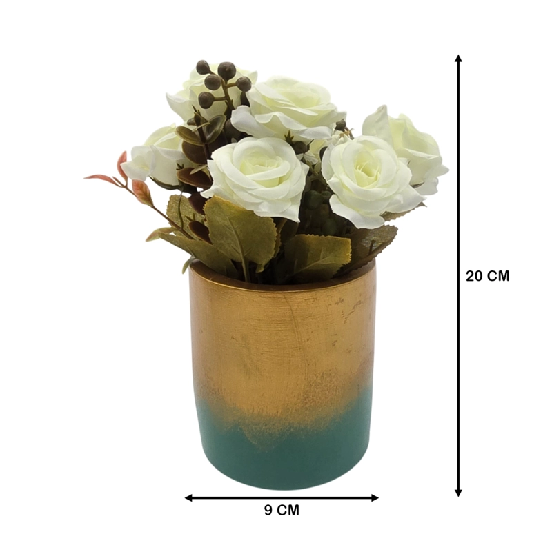 PLANTA ARTIFICIAL MACETERO DORADO CON ROSAS DECORATIVAS - 3