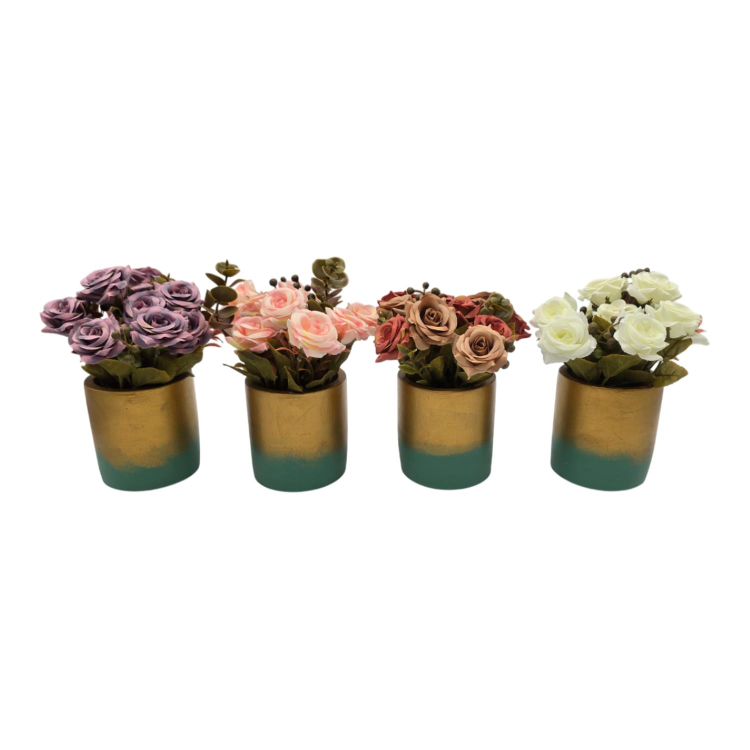 PLANTA ARTIFICIAL MACETERO DORADO CON ROSAS DECORATIVAS - 4