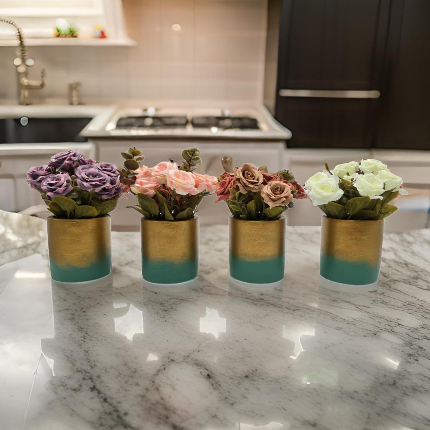 PLANTA ARTIFICIAL MACETERO DORADO CON ROSAS DECORATIVAS - 5