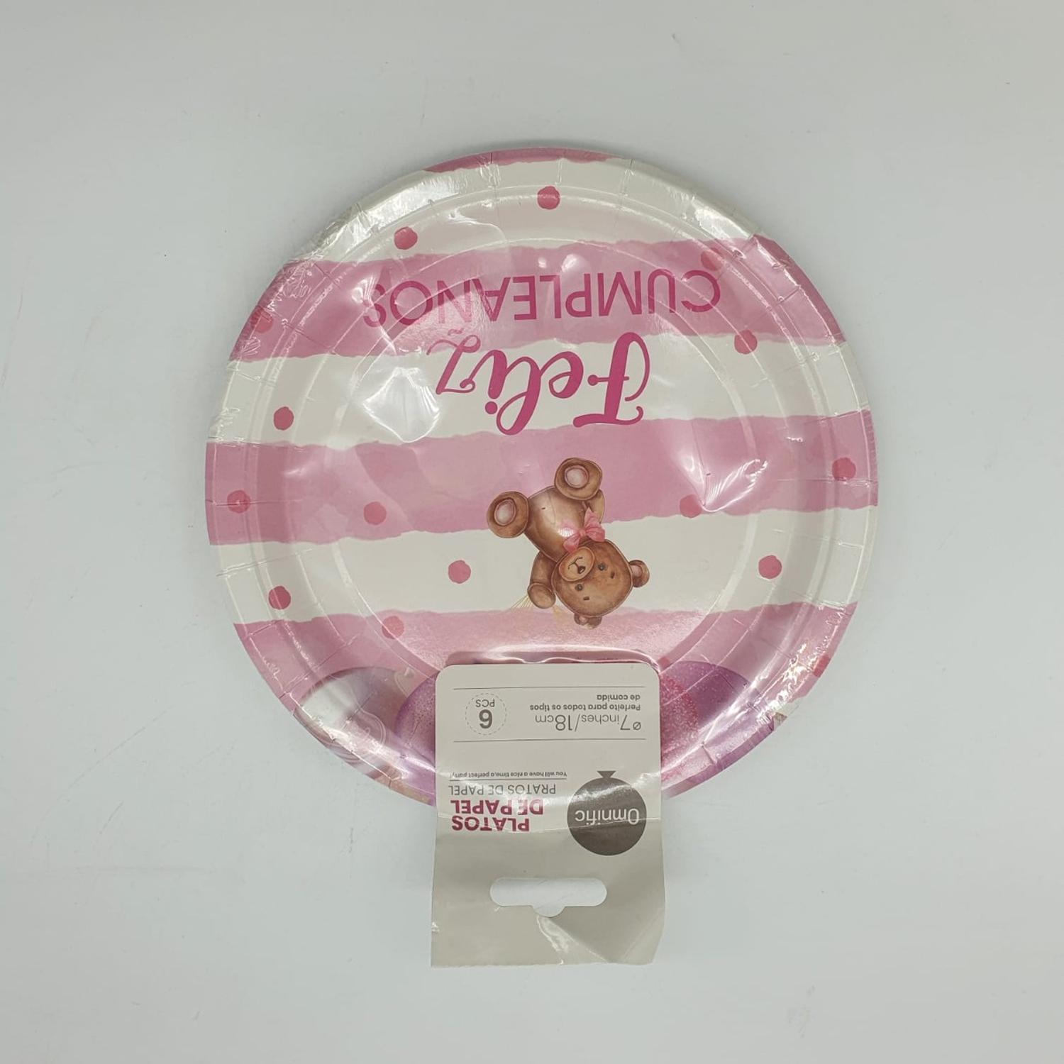 SET 6 PLATOS DESECHABLES 18 CM DISEÑOS PARA CUMPLEAÑOS TAMAÑO TAMANO UNICO OSITO ROSADO - 1
