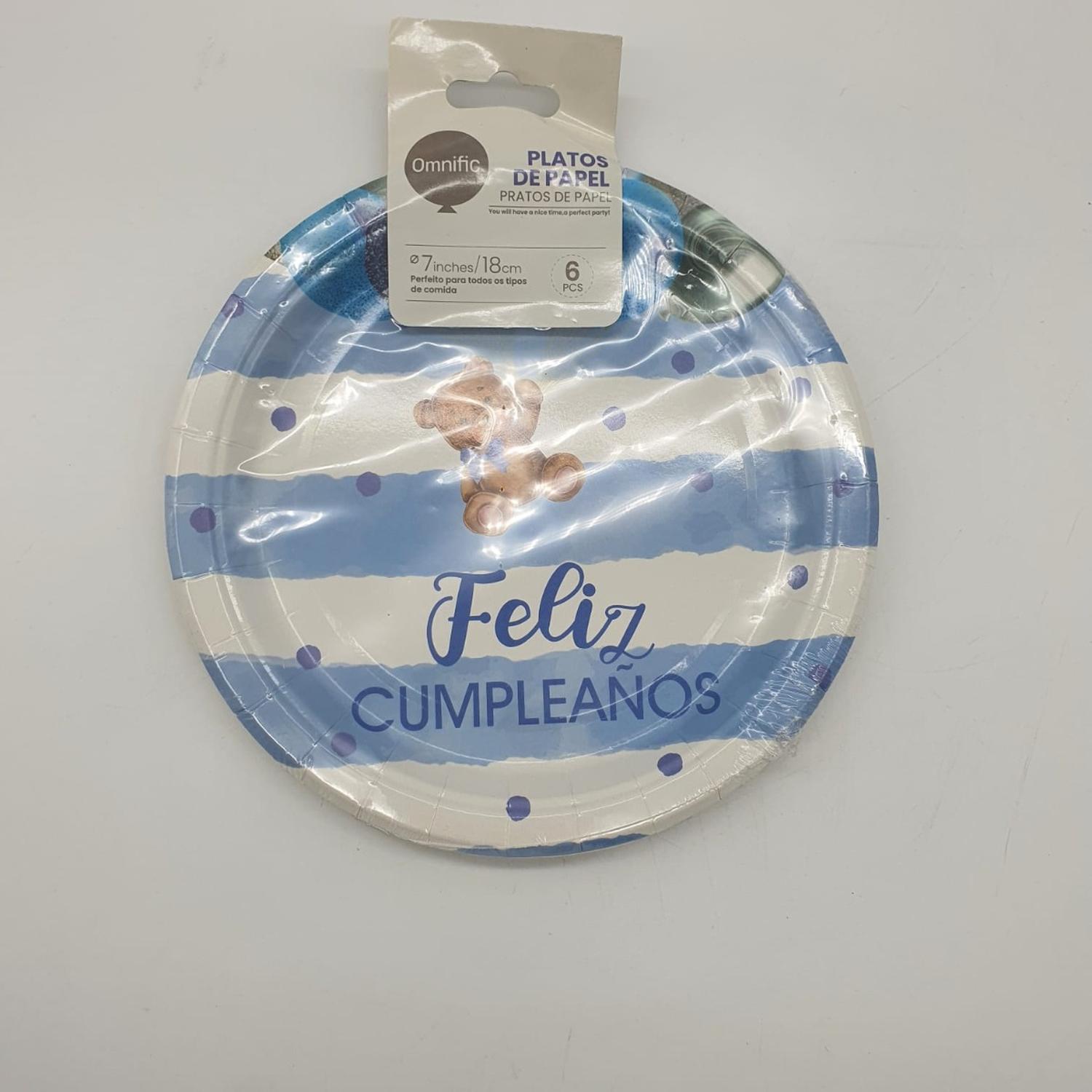 SET 6 PLATOS DESECHABLES 18 CM DISEÑOS PARA CUMPLEAÑOS TAMAÑO TAMANO UNICO OSITO CELESTE - 1