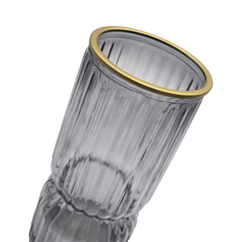 FLORERO DECORATIVO DE VIDRIO CON DISEÑO BORDE DORADO GRIS - 3