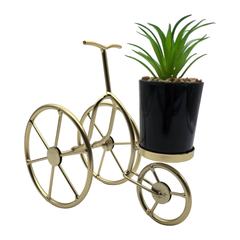 FIGURA DECORATIVA BICICLETA METAL ADORNO DORADO MINI PLANTA - 1