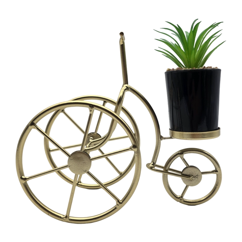 FIGURA DECORATIVA BICICLETA METAL ADORNO DORADO MINI PLANTA - 4