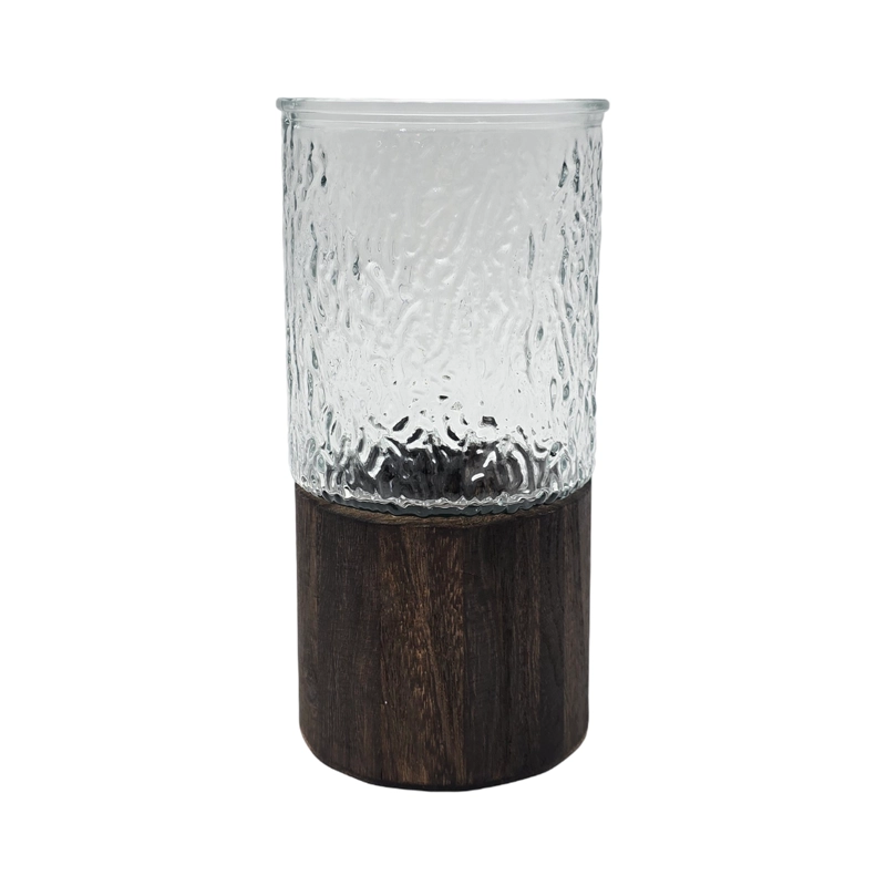 FLORERO DECORATIVO DE VIDRIO CRISTAL CON DISEÑO BASE MADERA - 1