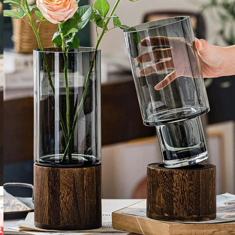 FLORERO DECORATIVO DE VIDRIO CRISTAL CON DISEÑO BASE MADERA - 6