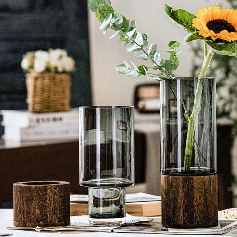 FLORERO DECORATIVO DE VIDRIO CRISTAL CON DISEÑO BASE MADERA - 7