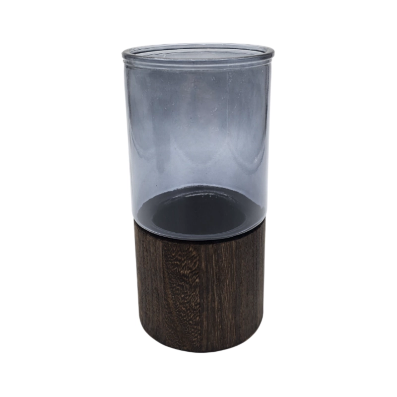 FLORERO DECORATIVO DE VIDRIO LISO TONOS GRIS CON BASE MADERA - 1