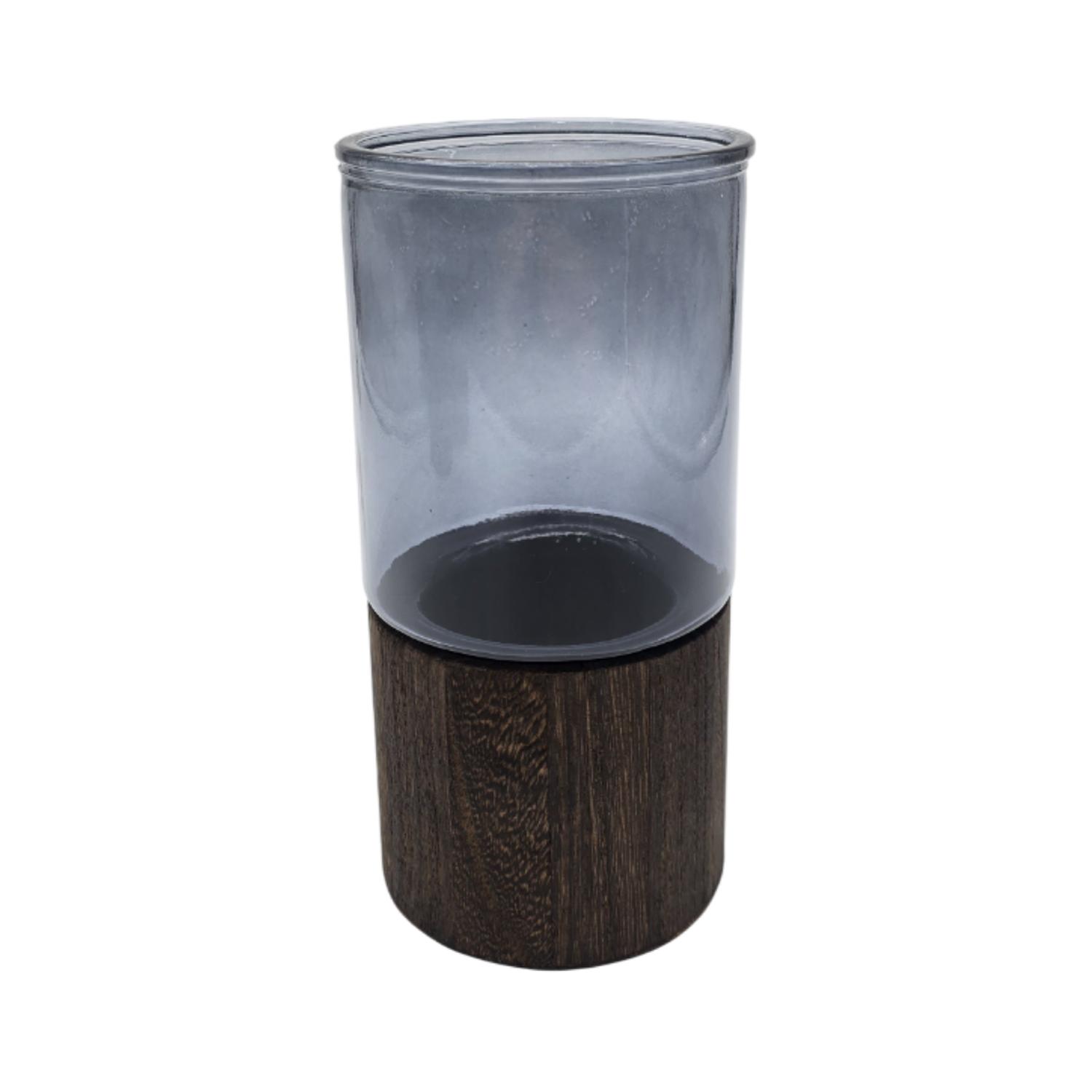 FLORERO DECORATIVO DE VIDRIO LISO TONOS GRIS CON BASE MADERA - 1