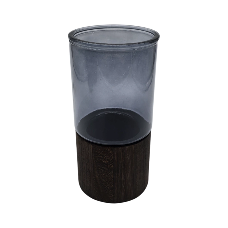 FLORERO DECORATIVO DE VIDRIO LISO TONOS GRIS CON BASE MADERA - 2