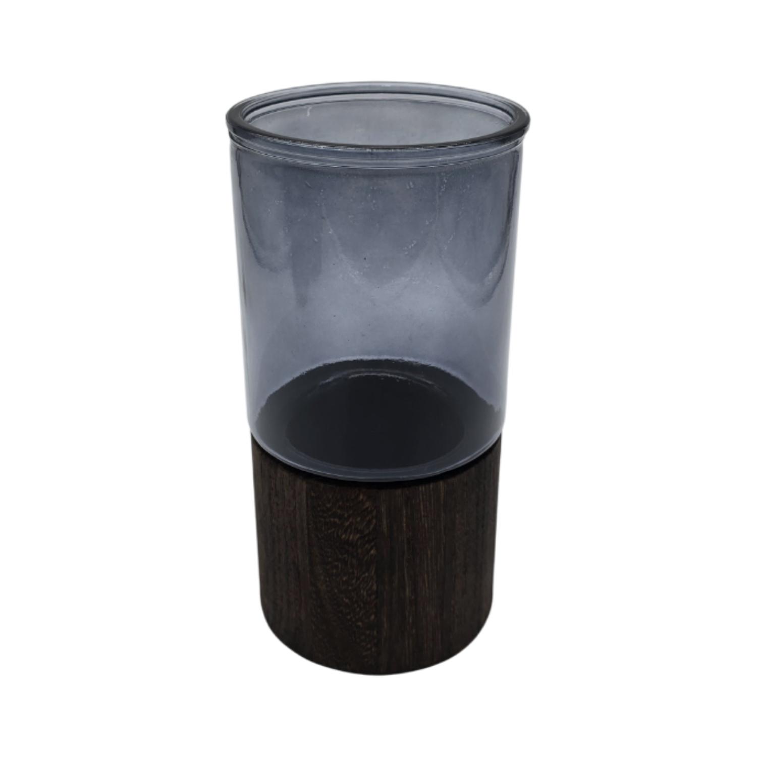 FLORERO DECORATIVO DE VIDRIO LISO TONOS GRIS CON BASE MADERA - 2