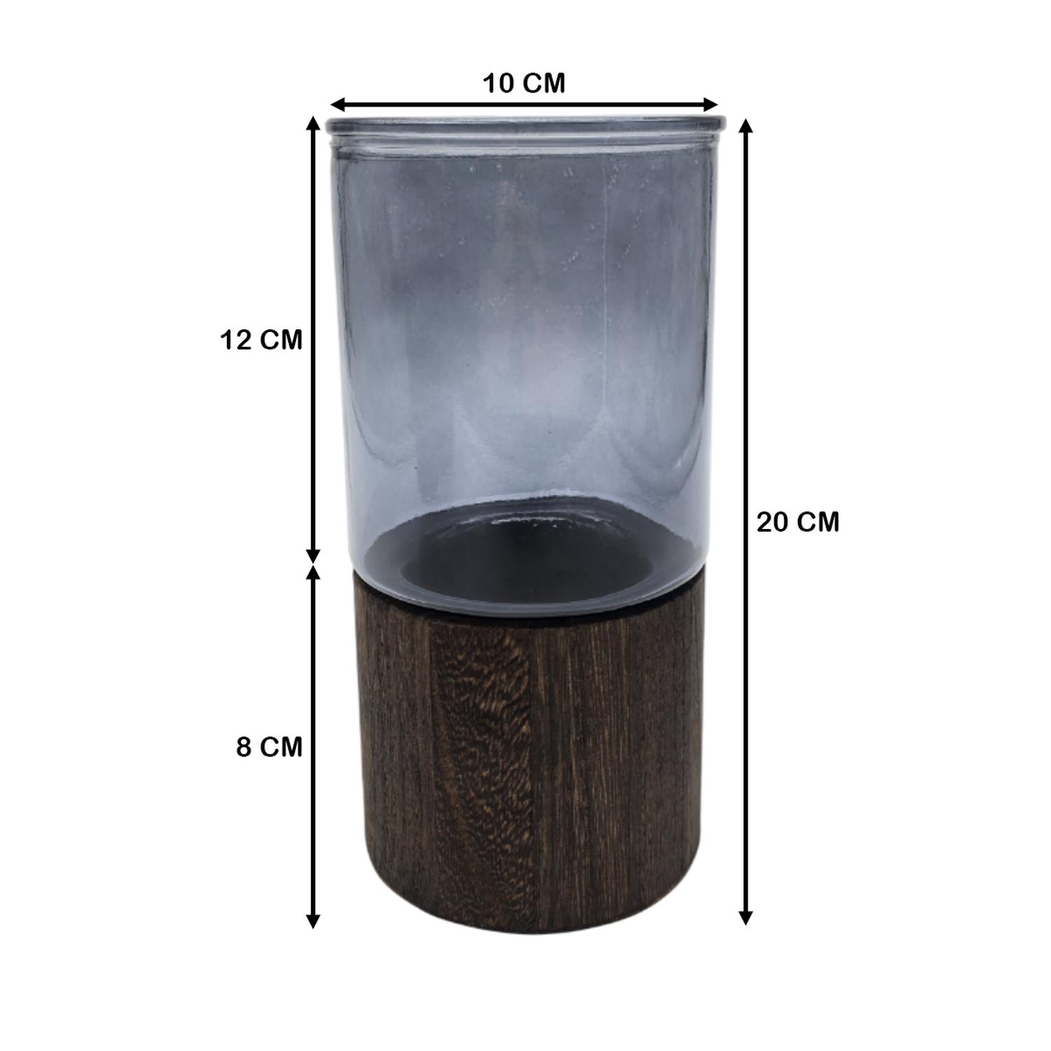 FLORERO DECORATIVO DE VIDRIO LISO TONOS GRIS CON BASE MADERA - 4