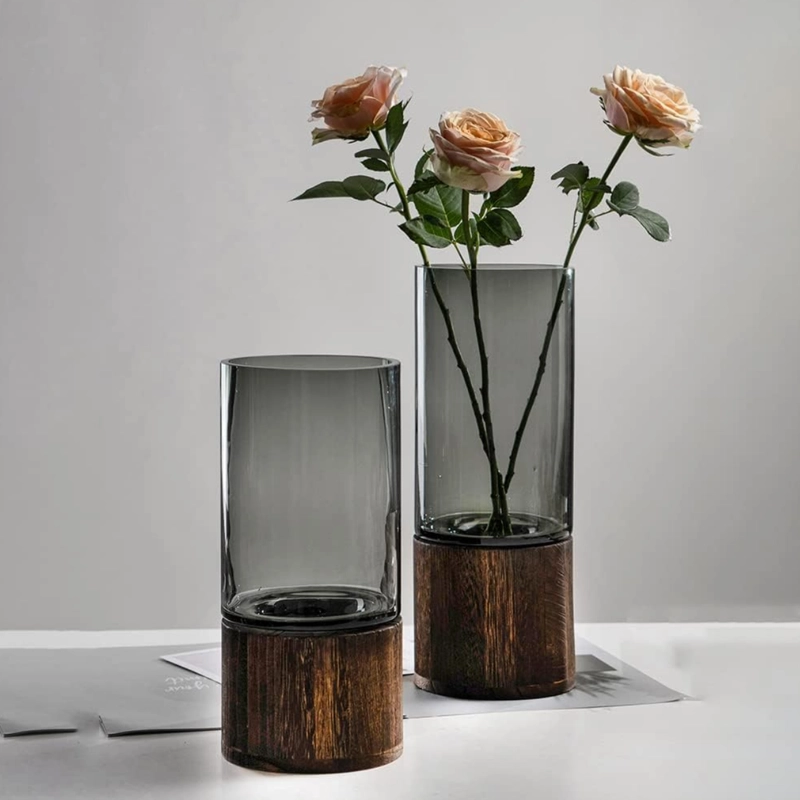 FLORERO DECORATIVO DE VIDRIO LISO TONOS GRIS CON BASE MADERA - 8