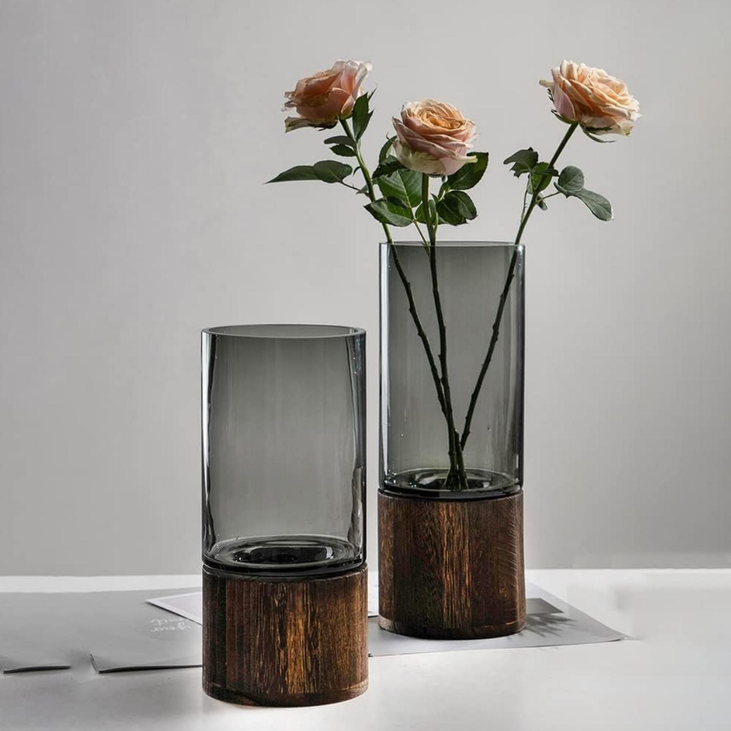 FLORERO DECORATIVO DE VIDRIO LISO TONOS GRIS CON BASE MADERA - 8