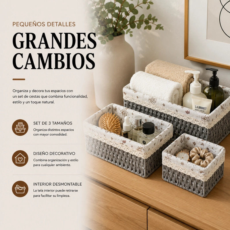 SET 3 CESTAS DE ALMACENAMIENTO ORGANIZADORAS CANASTAS CESTOS - 4