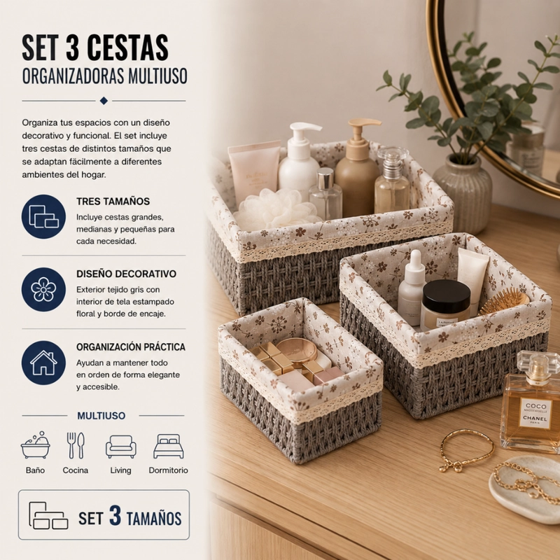 SET 3 CESTAS DE ALMACENAMIENTO ORGANIZADORAS CANASTAS CESTOS - 6