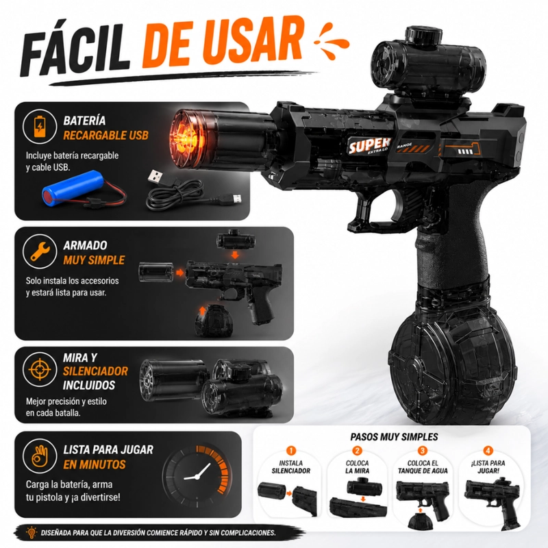 PISTOLA DE AGUA ELECTRICA AUTOMATICA ALTA POTENCIA LUZ LED - 5