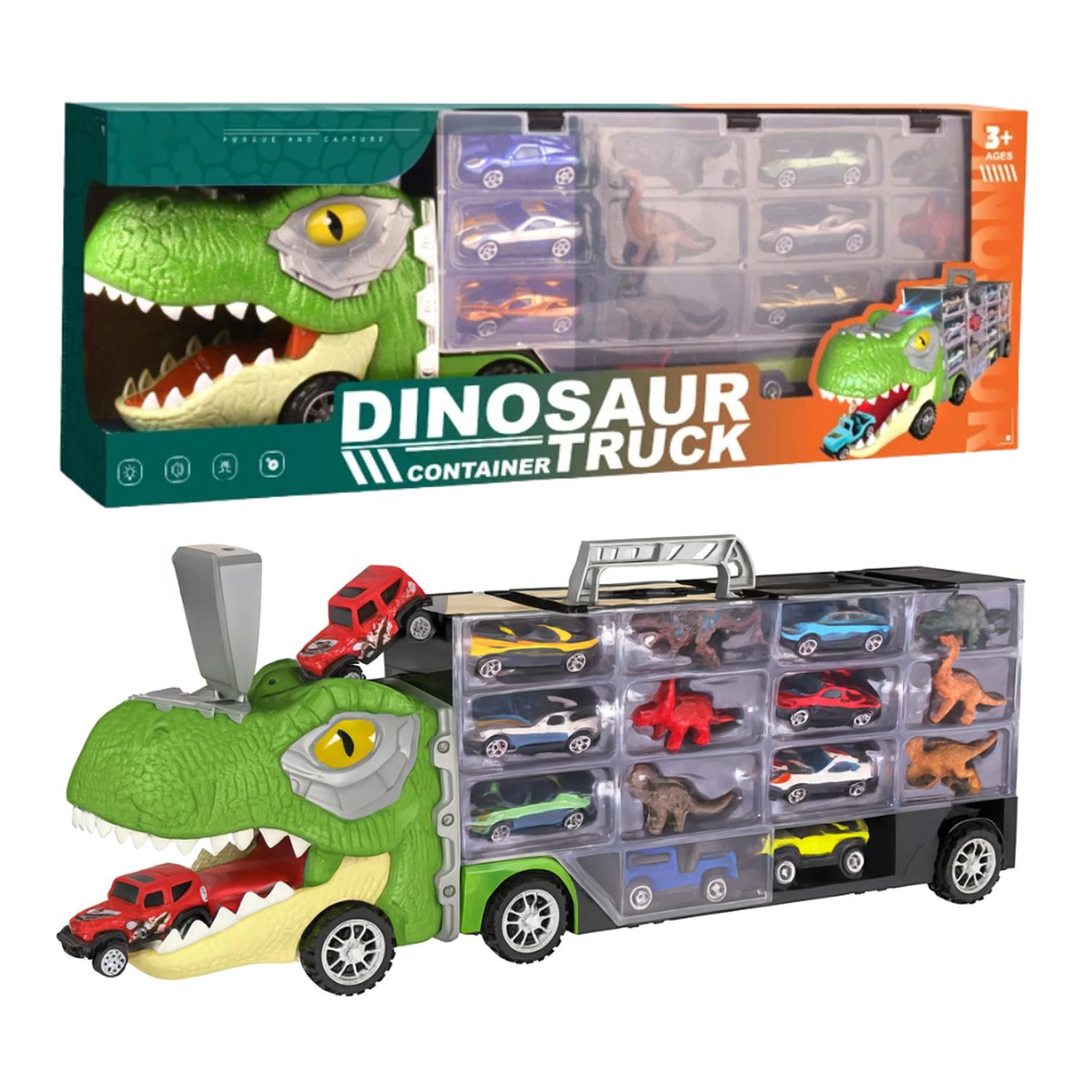 CAMION TRANSPORTADOR PORTA AUTITOS Y DINOSAURIOS JUGUETE - 1
