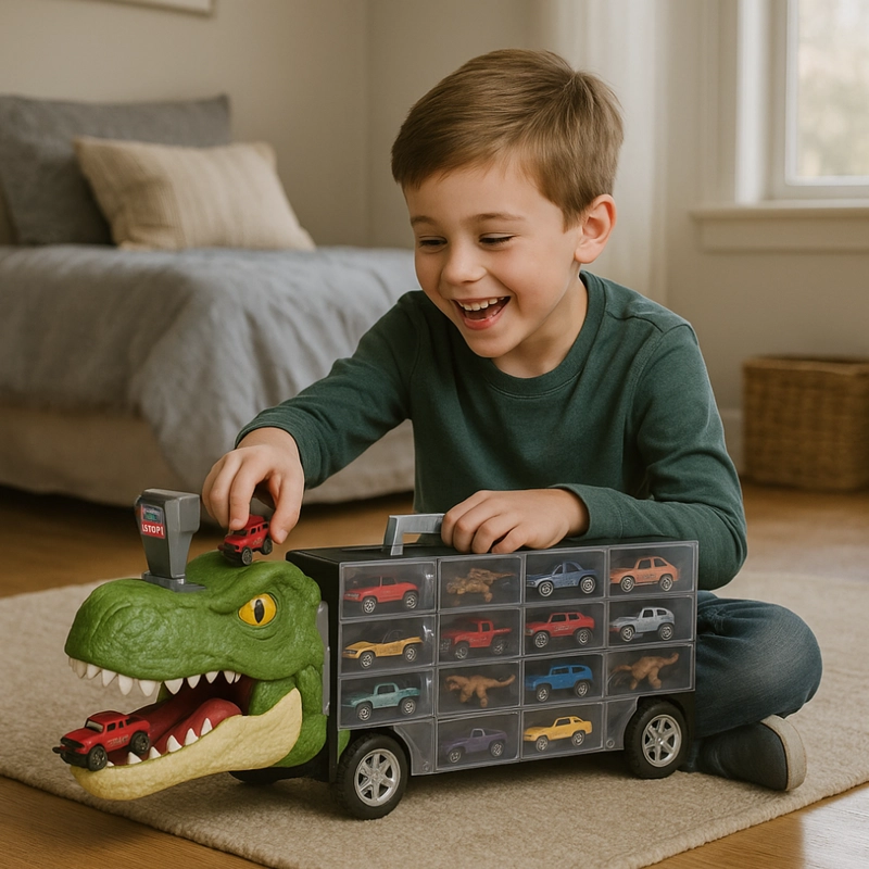 CAMION TRANSPORTADOR PORTA AUTITOS Y DINOSAURIOS JUGUETE - 4
