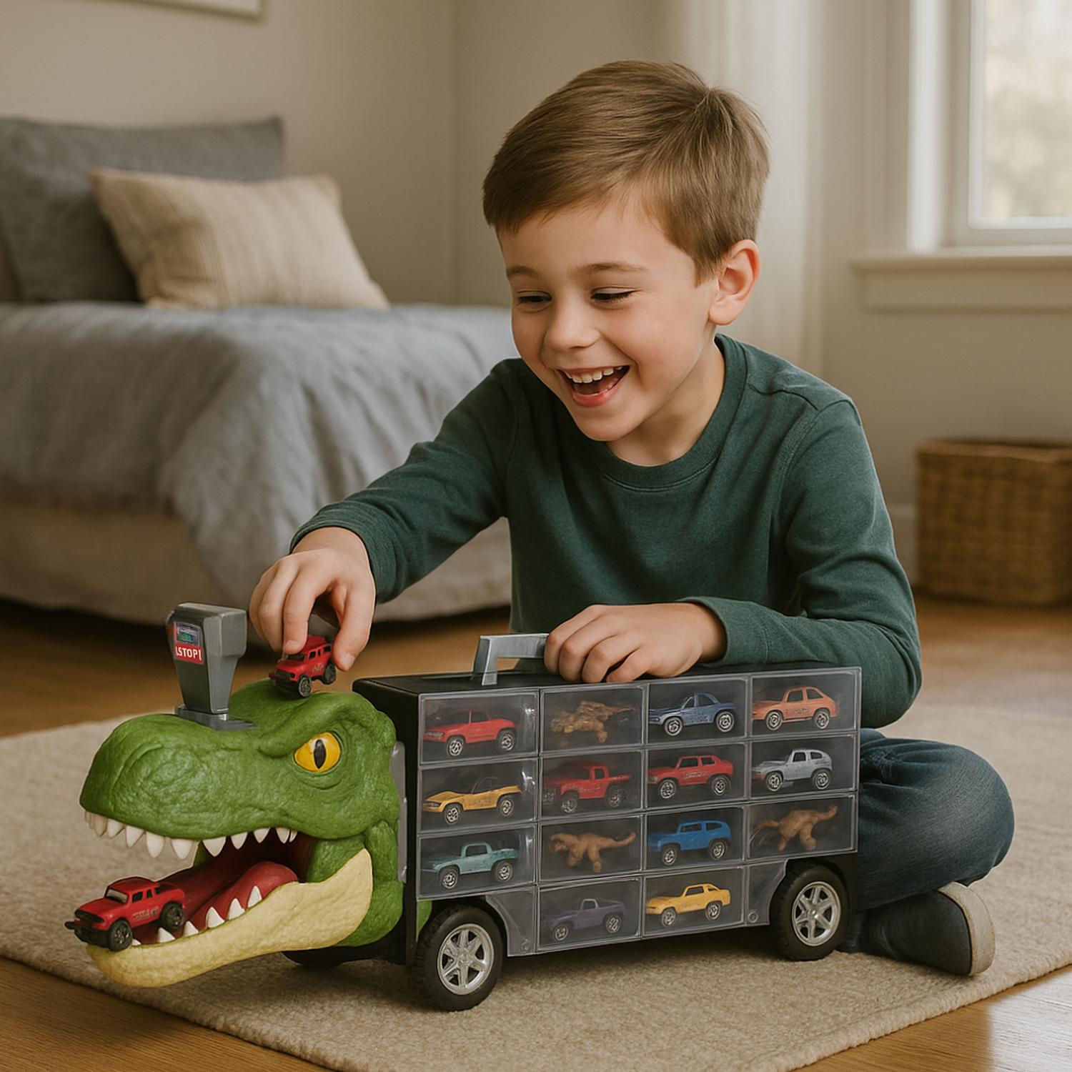 CAMION TRANSPORTADOR PORTA AUTITOS Y DINOSAURIOS JUGUETE - 4