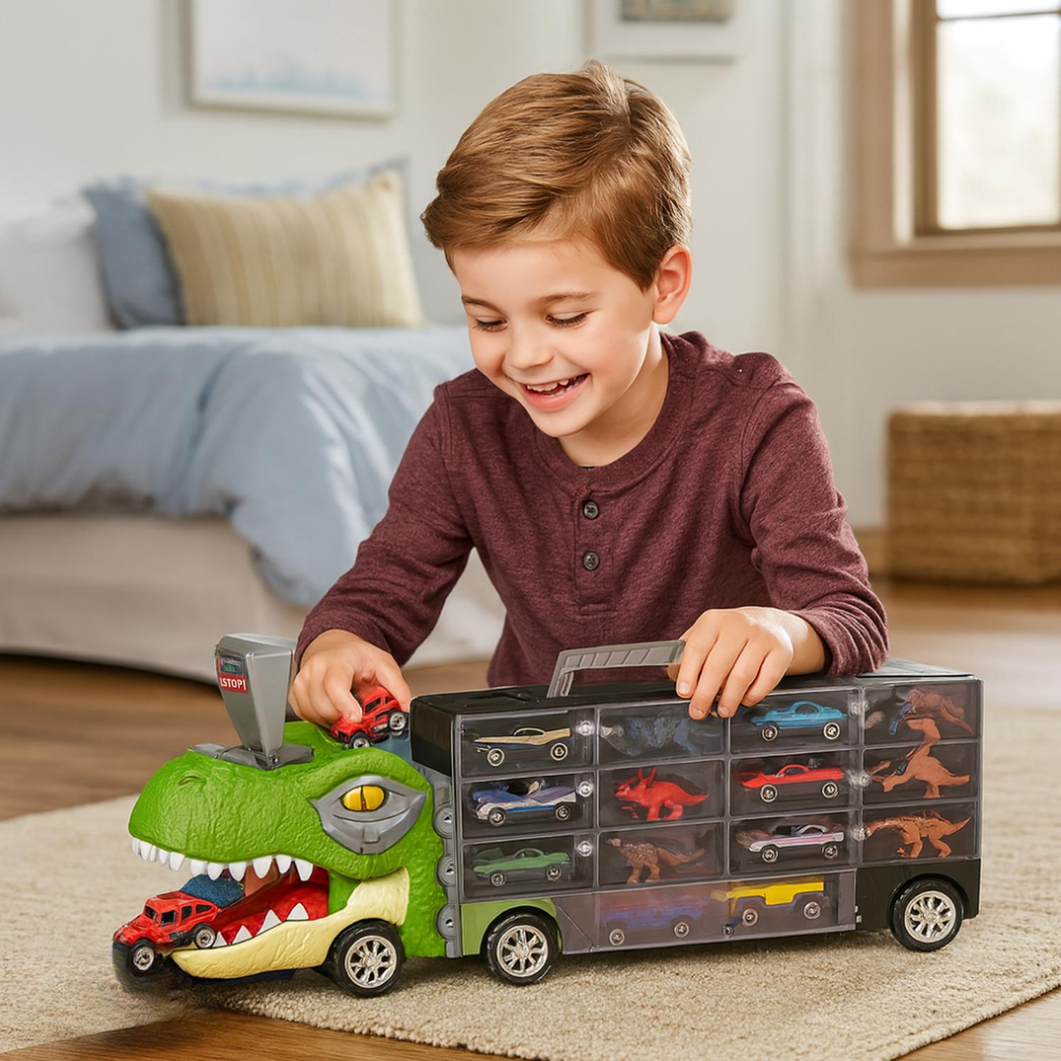 CAMION TRANSPORTADOR PORTA AUTITOS Y DINOSAURIOS JUGUETE - 5