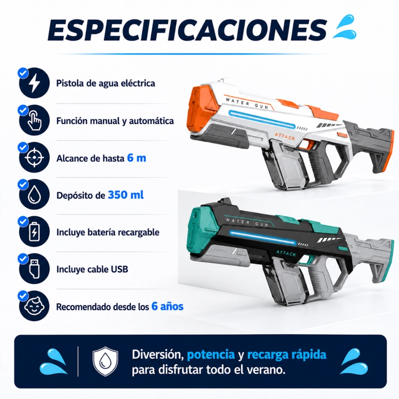 PISTOLA DE AGUA ELECTRICA AUTOMATICA ALTA PRESION RECARGABLE - 8