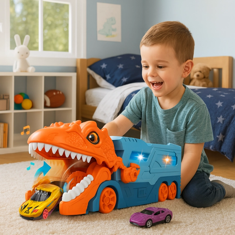 CAMION TRANSPORTADOR PORTA AUTITOS INFANTIL DINOSAURIO JUEGO - 3