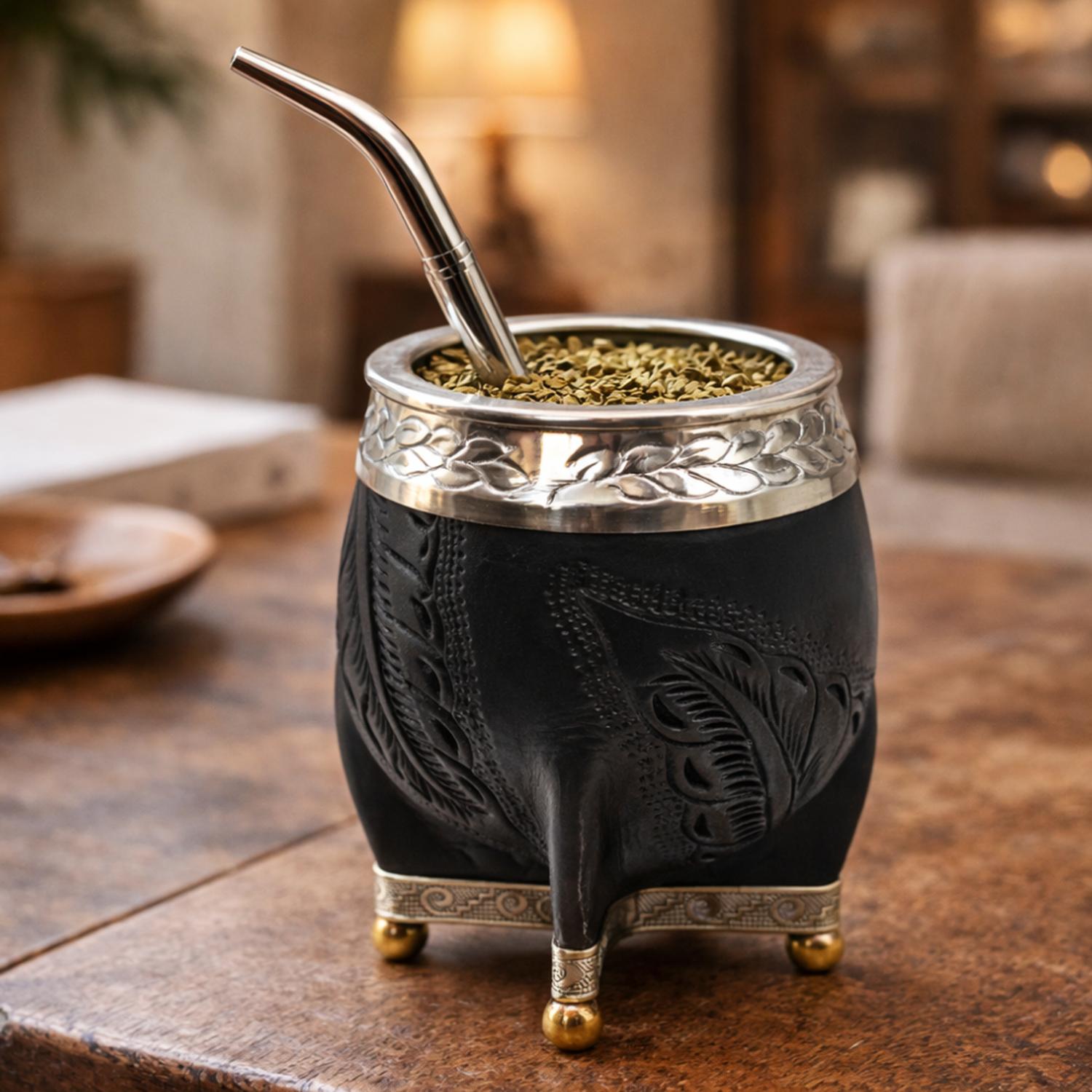 MATE TORPEDO NEGRO DE CALABAZA CON VIROLA CINCELADA TAMAÑO CONSUL - 3