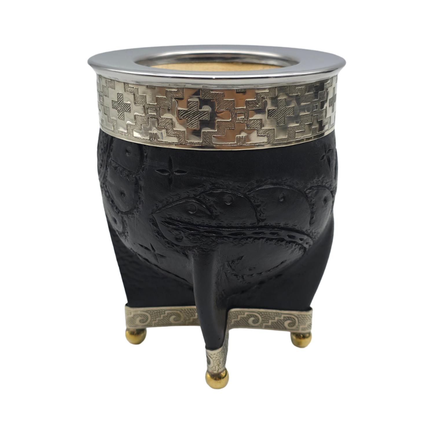 MATE IMPERIAL NEGRO DE CALABAZA CUERO LABRADO CON ALPACA TAMAÑO CONSUL - 1
