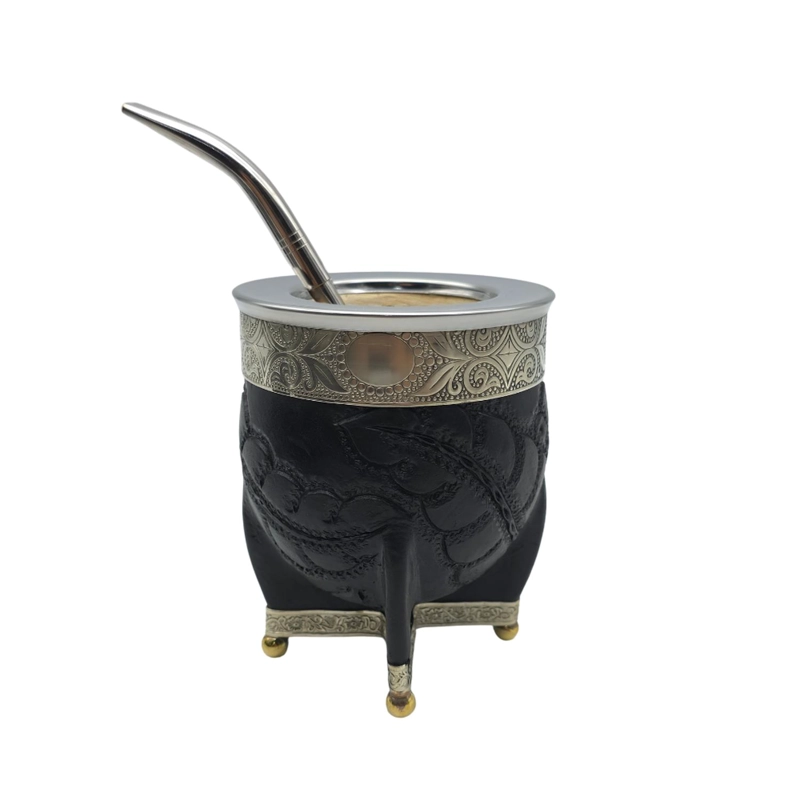 MATE IMPERIAL NEGRO DE CALABAZA CUERO LABRADO CON ALPACA TAMAÑO CONSUL - 2