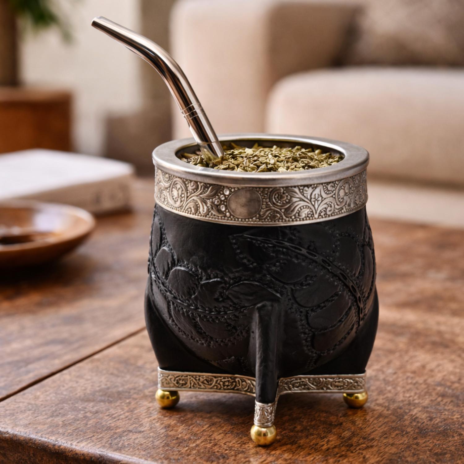 MATE IMPERIAL NEGRO DE CALABAZA CUERO LABRADO CON ALPACA TAMAÑO CONSUL - 3