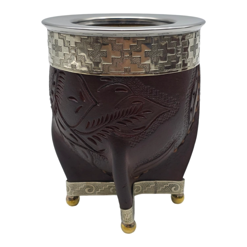MATE IMPERIAL BORRAVINO DE CALABAZA CUERO LABRADO CON ALPACA TAMAÑO ROMBO - 1