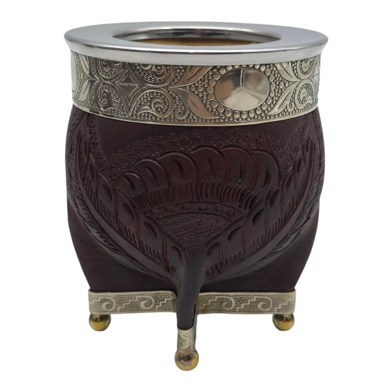 MATE IMPERIAL BORRAVINO DE CALABAZA CUERO LABRADO CON ALPACA TAMAÑO ESCUDO - 1