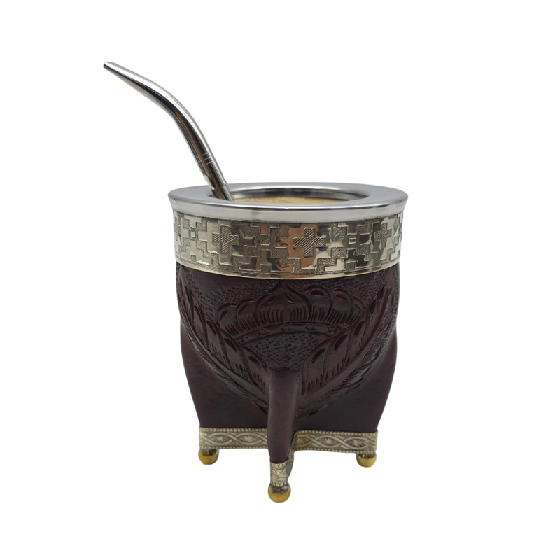 MATE IMPERIAL BORRAVINO DE CALABAZA CUERO LABRADO CON ALPACA TAMAÑO ESCUDO - 2