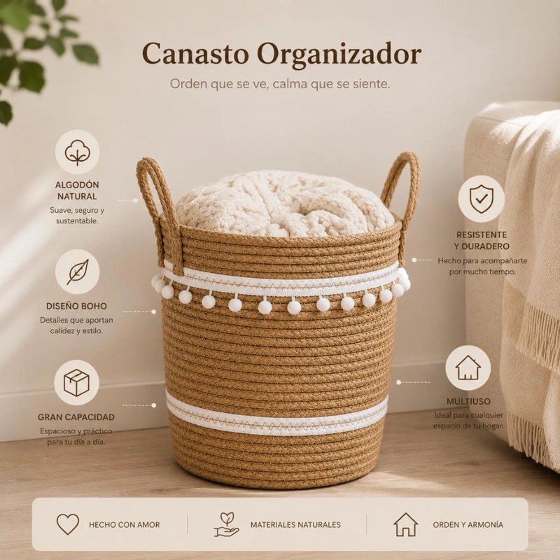 SET 2 CANASTOS CESTA YUTE DISEÑO ALGODON TEJIDO RUSTICO - 4