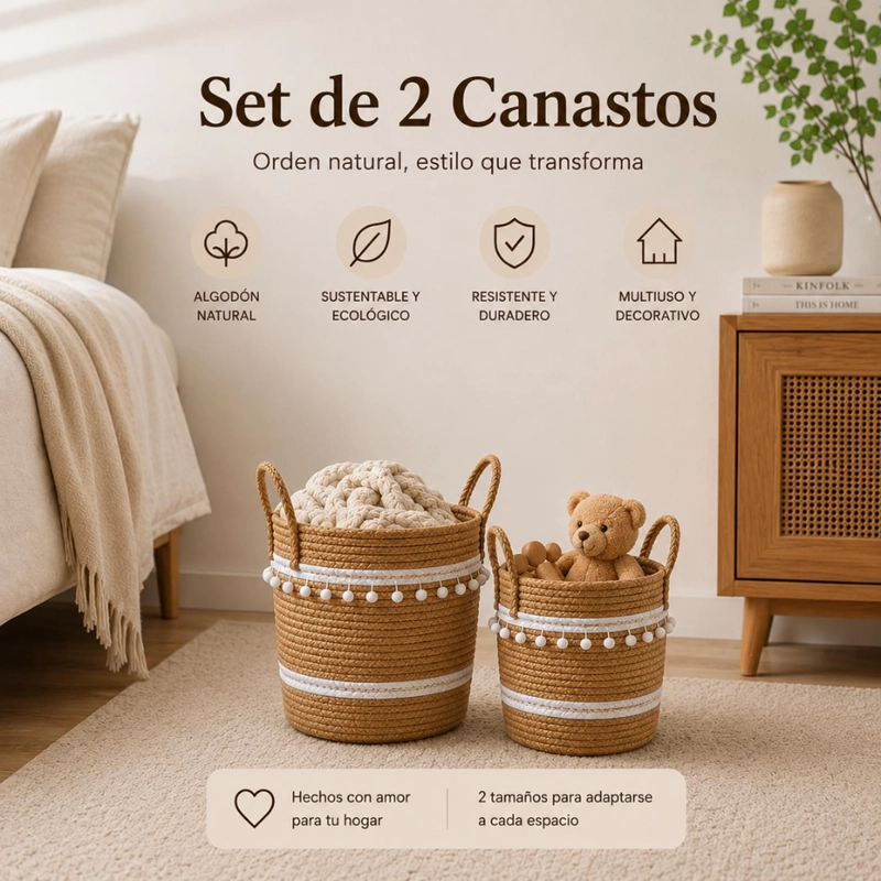 SET 2 CANASTOS CESTA YUTE DISEÑO ALGODON TEJIDO RUSTICO - 5