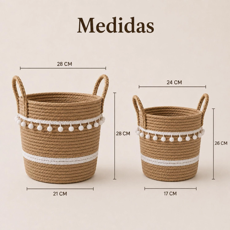 SET 2 CANASTOS CESTA YUTE DISEÑO ALGODON TEJIDO RUSTICO - 6
