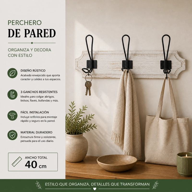 PERCHERO 3 GANCHOS DOBLE COLGADORES DE MADERA ROPA BLANCO - 4