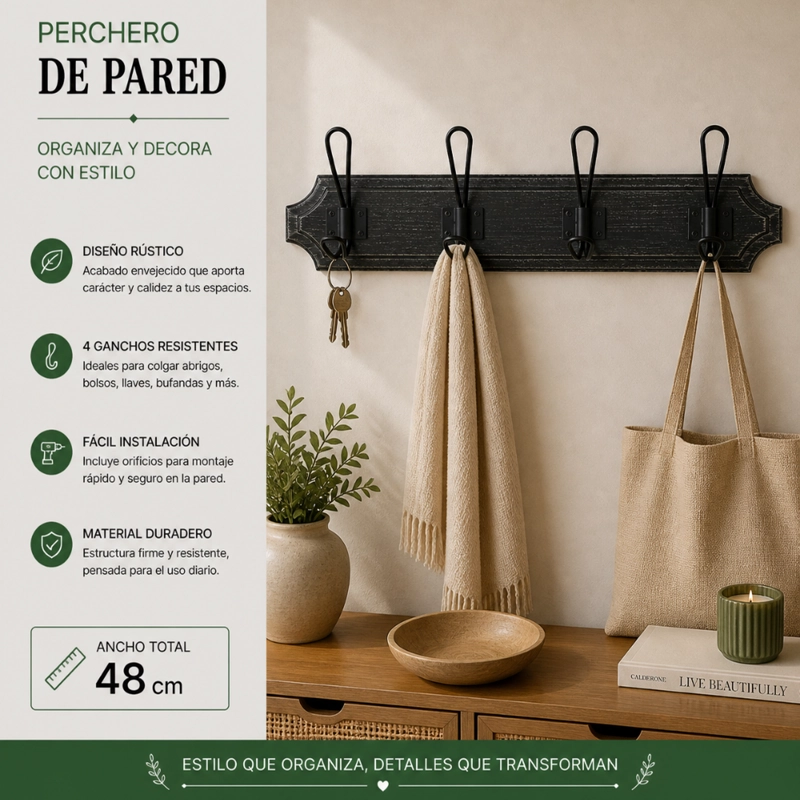 PERCHERO DE PARED COLGADOR VINTAGE 4 GANCHOS DOBLES NEGRO - 4