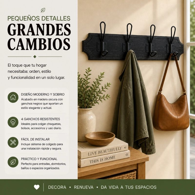 PERCHERO DE PARED COLGADOR VINTAGE 4 GANCHOS DOBLES NEGRO - 5